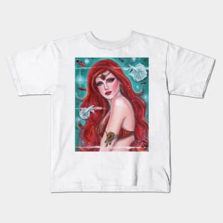 Ruby red mermaid with betta fish art by Renee Lavoie Kids T-Shirt